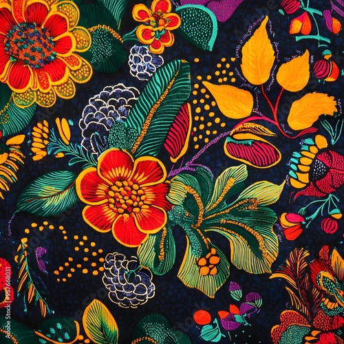 113. **Haitian traditional fabric pattern with vibrant, cultural motifs.**