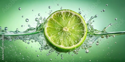 Refreshing green lime slice splashing in clear soda water with bubbles