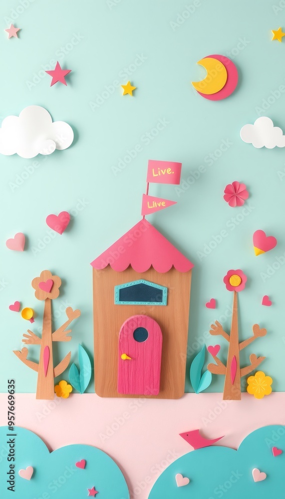 Papercraft art with a pink house with a red door, two trees, flowers and a blue sky with clouds, a moon and stars. Papercraft art with a pink house with a red door, two trees, flowers and a blue sky with clouds, a moon and stars.