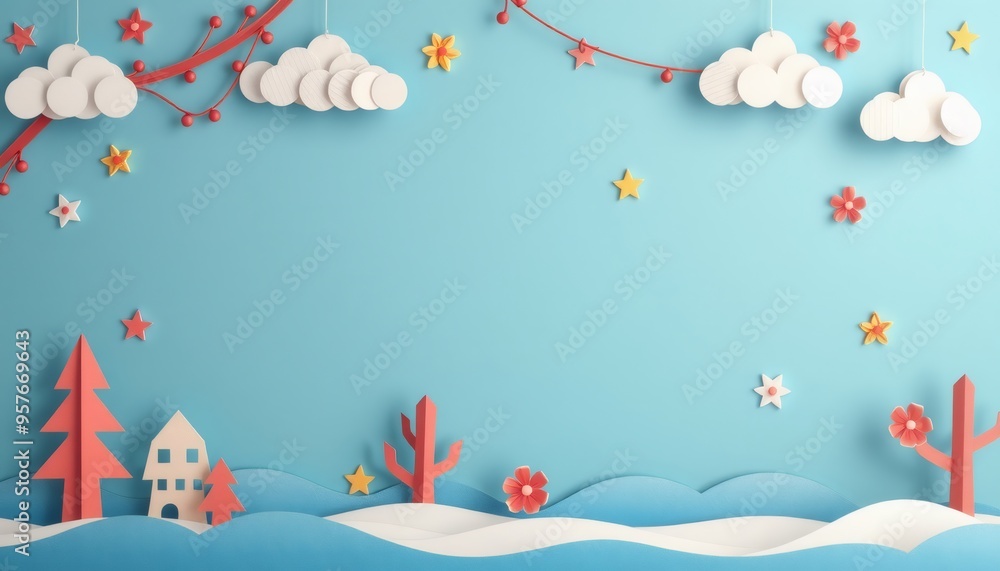 Colorful paper cut-out landscape with clouds, stars and flowers on blue background. Colorful paper cut-out landscape with clouds, stars and flowers on blue background.