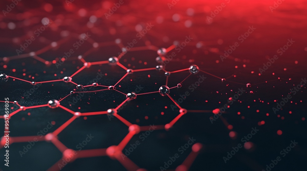 Obraz premium Abstract close-up of interconnected hexagonal patterns with red droplets, evoking a modern scientific feel.