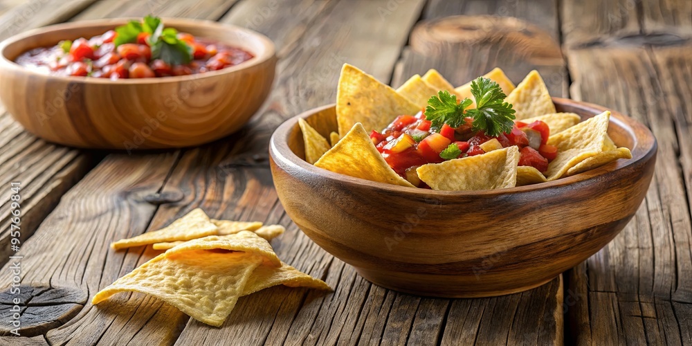 Wooden bowl filled with tortilla chips next to a bowl of salsa perfect appetizer for a party or gathering