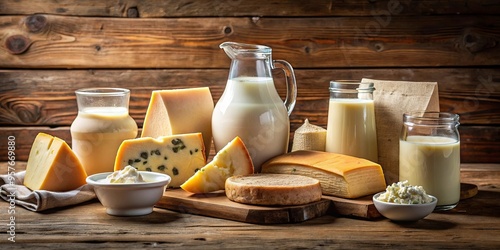 A selection of cheeses and milks displayed on a rustic wooden table