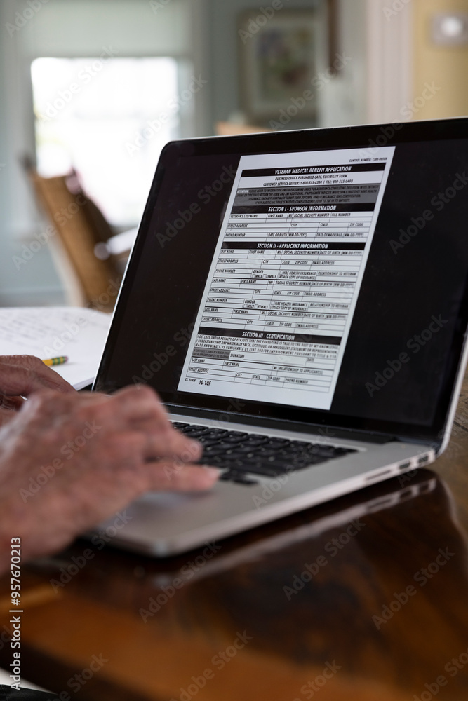 Senior on laptop computer apply Veteran Medical benefit close up 