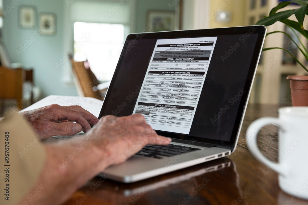 Home lifestyle Senior on computer apply Veteran Medical benefits Home lifestyle Senior on computer apply Veteran Medical benefits