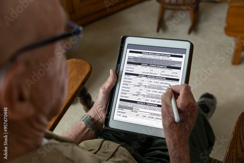 Senior on tablet computer apply Veteran Medical benefits form
