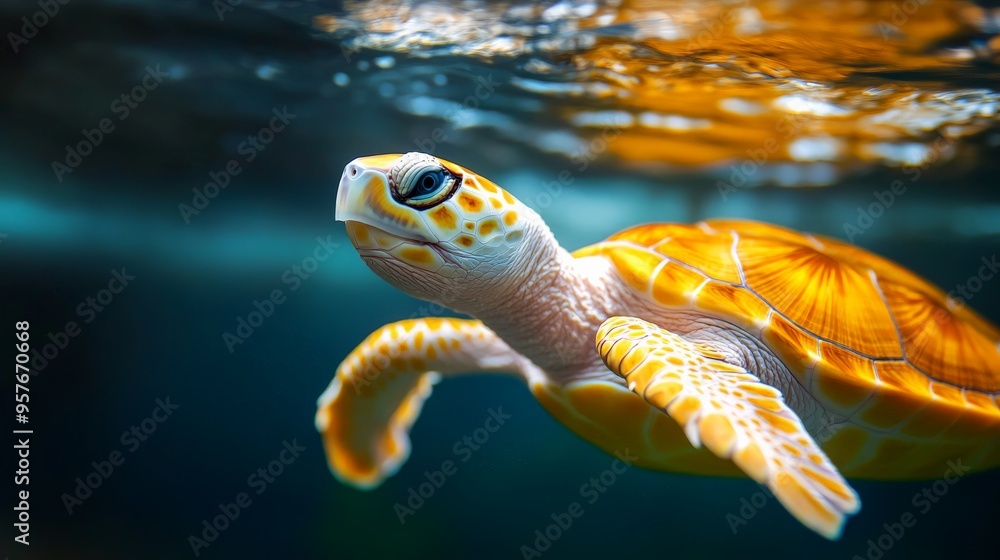 Fototapeta premium Close-up of a sea turtle swimming underwater, showcasing its shell and serene aquatic environment.