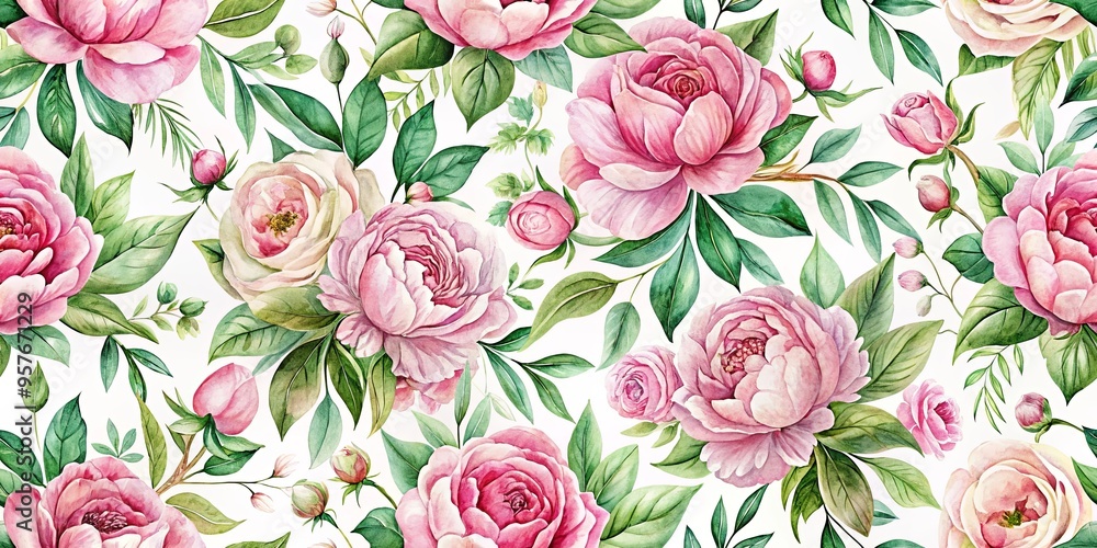 Seamless watercolor pattern with pink roses, peonies, leaves, and branches. Botanical tile Seamless watercolor pattern with pink roses, peonies, leaves, and branches. Botanical tile
