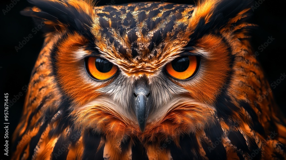 Close-up of an owl with intense orange eyes and beautifully patterned feathers, showcasing the bird's striking features and sharp gaze. Close-up of an owl with intense orange eyes and beautifully patterned feathers, showcasing the bird's striking features and sharp gaze.
