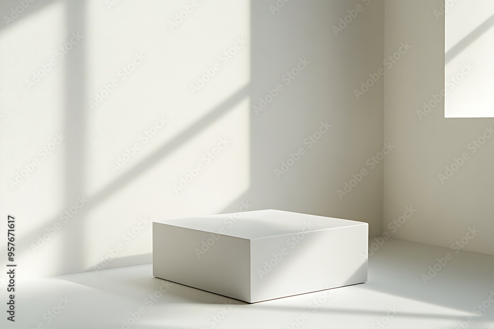 White cube product display podium in sunlit room corner White cube product display podium in sunlit room corner