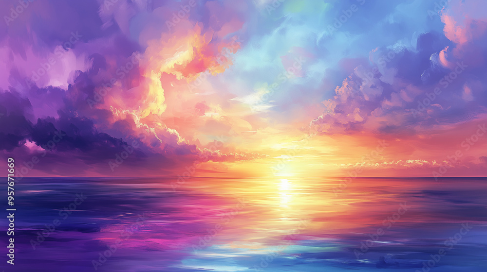 Obraz premium rainbow colored sunrise painted the sky and sea