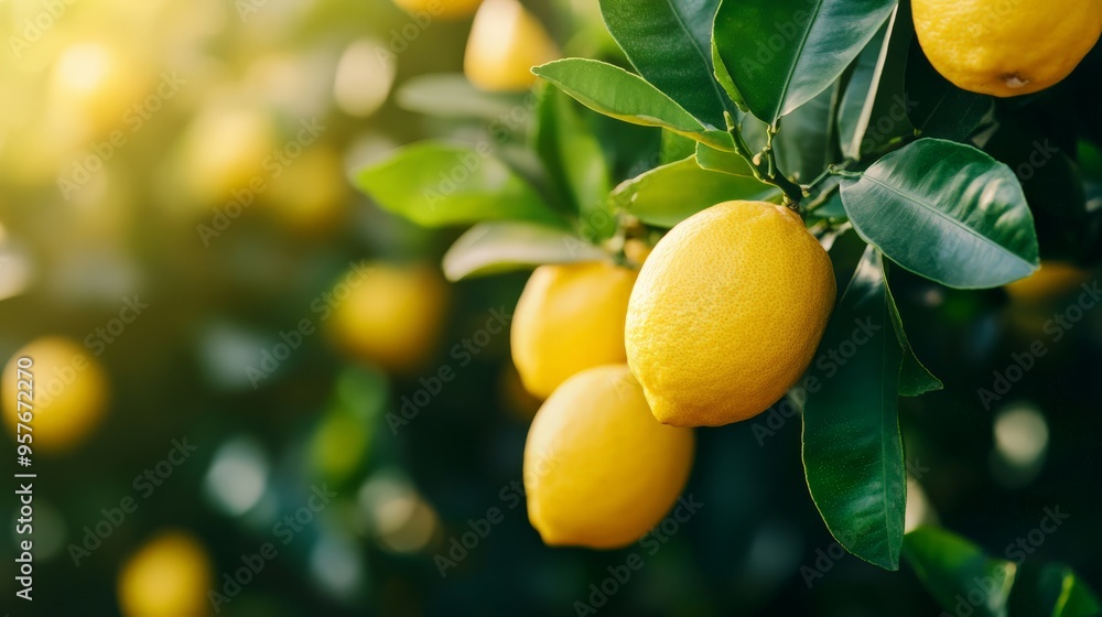Close-up of ripe lemons hanging on a tree with lush green leaves and sunlight shining through, symbolizing freshness and natural citrus growth. Close-up of ripe lemons hanging on a tree with lush green leaves and sunlight shining through, symbolizing freshness and natural citrus growth.
