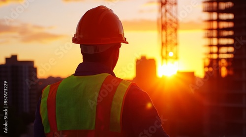 Construction worker in a safety vest and helmet gazing at a city skyline during sunset, symbolizing hard work and dedication.