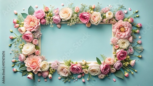 Decorative floral frame with romantic flowers on light blue with pink background, top view