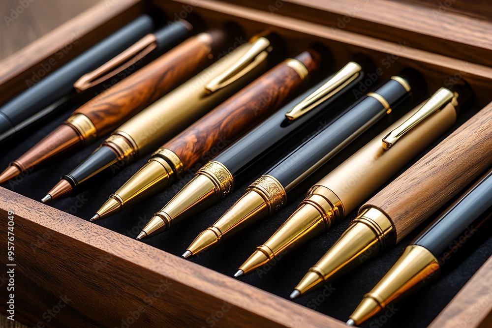 Wooden Box with Row of Luxury Gold-Trimmed Pens Wooden Box with Row of Luxury Gold-Trimmed Pens
