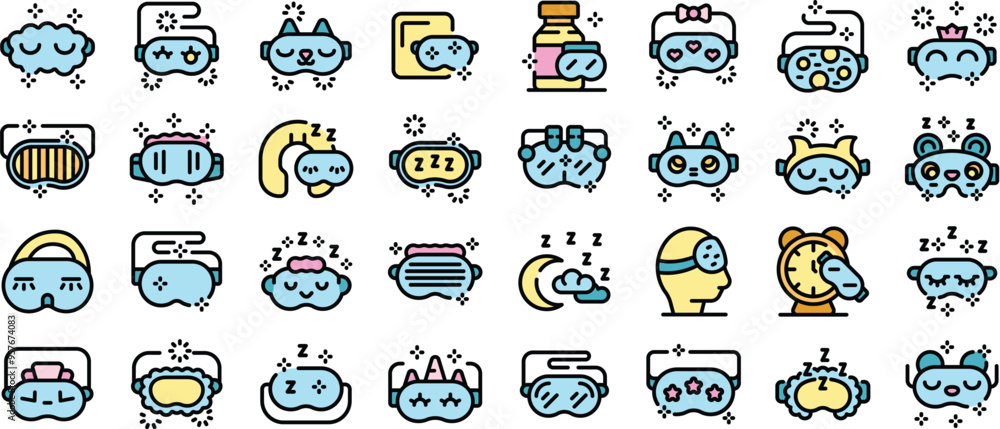 People using sleeping eye mask for having sweet dreams icon set in line style People using sleeping eye mask for having sweet dreams icon set in line style
