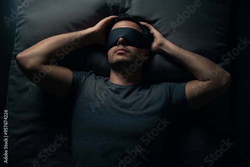 Man relaxing on a dark bed while wearing a sleep mask, creating a serene environment for rest and relaxation at night photo