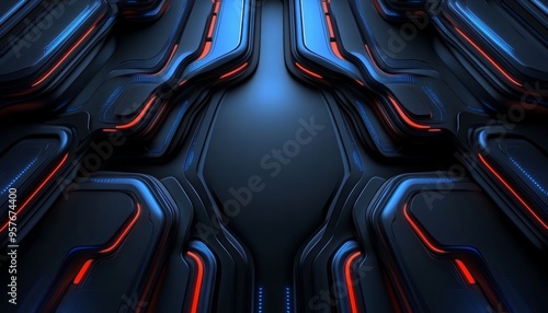 Abstract 3D Render of Black, Red, and Blue Panels photo