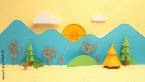 Paper cut out scene with a sun, clouds, trees, a tent, and a chicken.