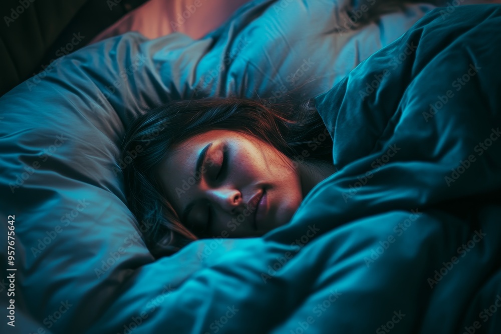 A serene woman resting peacefully under soft blankets in a dimly lit bedroom during the night, enjoying deep sleep and tranquility A serene woman resting peacefully under soft blankets in a dimly lit bedroom during the night, enjoying deep sleep and tranquility