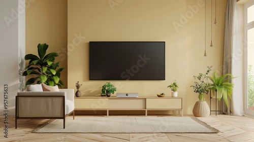 Empty living room mockup a TV wall mounted with sofa in living room with cream color wall- 3D rendering 