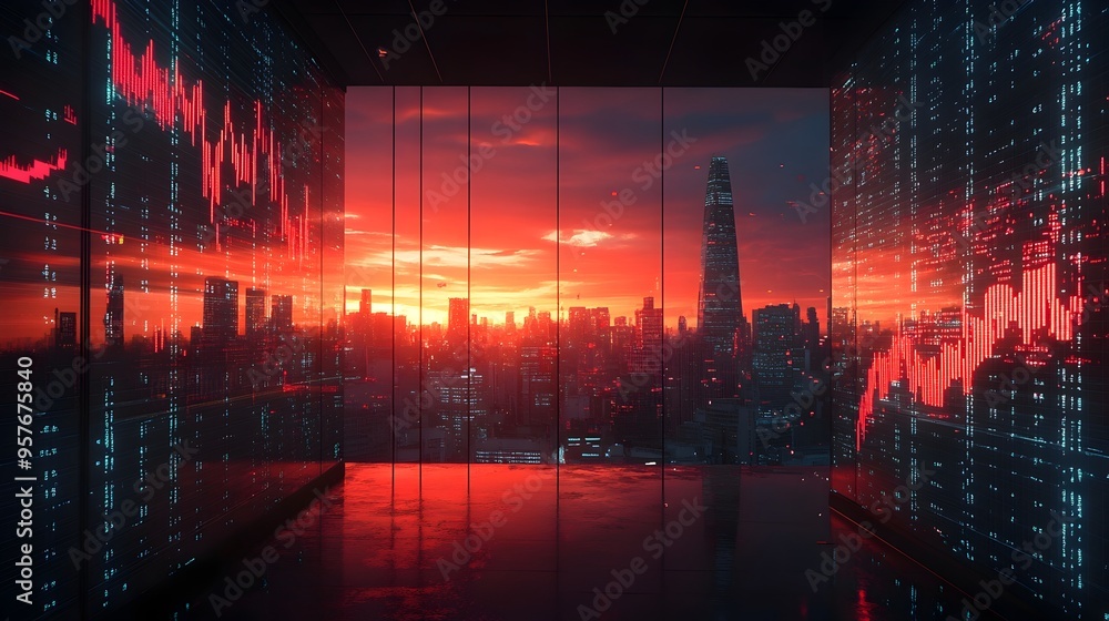 Naklejka premium Digital Display Showing Falling Interest Rates with Cityscape Background Economic Outlook