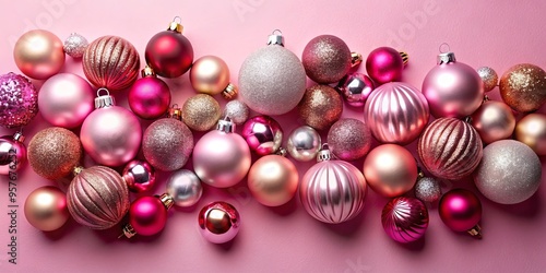 Stylish Christmas baubles arranged on pink background for festive holiday decor