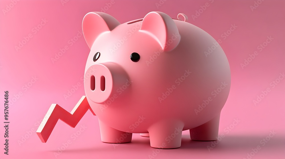 Piggy Bank with Downward Arrow Symbolizing Reduced Interest Earnings Piggy Bank with Downward Arrow Symbolizing Reduced Interest Earnings