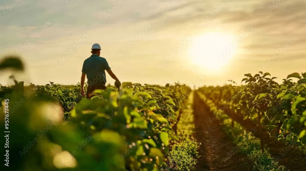 Fototapeta premium Farmer walking through lush green fields at sunset, enjoying nature's beauty while checking the growth of crops.