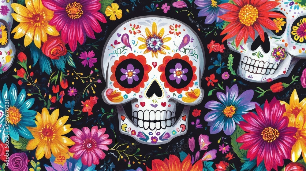 Whimsical Sugar Skulls and Playful Flowers: Colorful and Joyful Day of the Dead Decor Whimsical Sugar Skulls and Playful Flowers: Colorful and Joyful Day of the Dead Decor