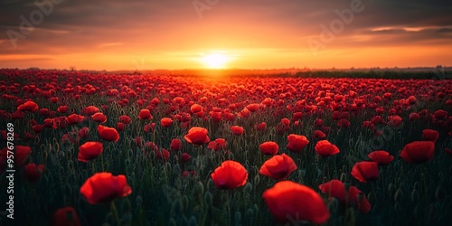 Fototapeta Naklejka Na Ścianę i Meble -  Breathtaking landscape of a poppy field at sunset with the sun dipping low on the horizon, casting a warm glow over the vibrant red flowers