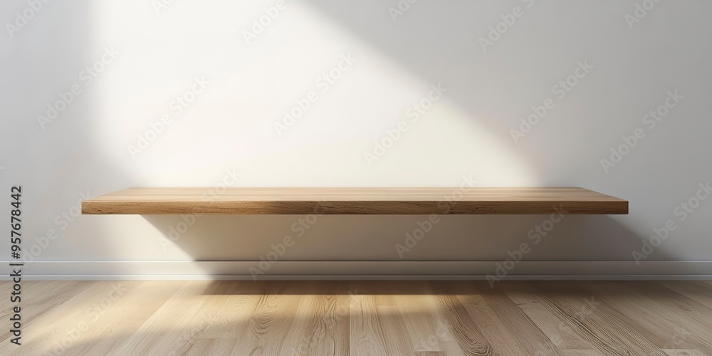 Wooden floating shelf on a white wall with wooden flooring modern interior design Wooden floating shelf on a white wall with wooden flooring modern interior design