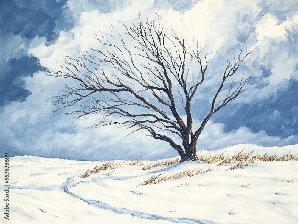 A solitary tree stands against a snowy landscape, under dramatic clouds, capturing the essence of winter's beauty and solitude. A solitary tree stands against a snowy landscape, under dramatic clouds, capturing the essence of winter's beauty and solitude.