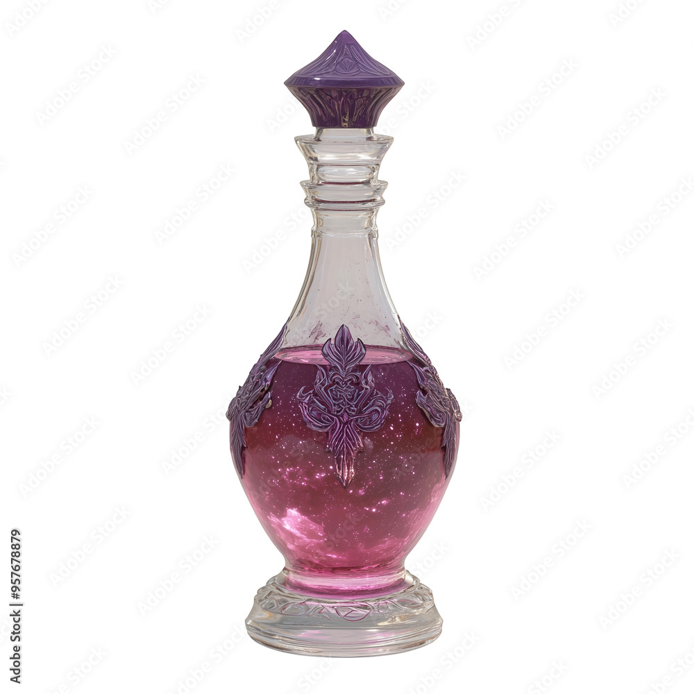 Ornate crystal bottle filled with shimmering purple liquid and intricate designs Ornate crystal bottle filled with shimmering purple liquid and intricate designs