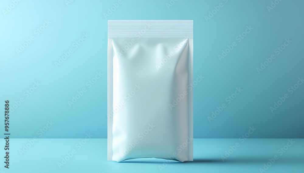 White Stand-Up Pouch Mockup on Light Blue Background White Stand-Up Pouch Mockup on Light Blue Background