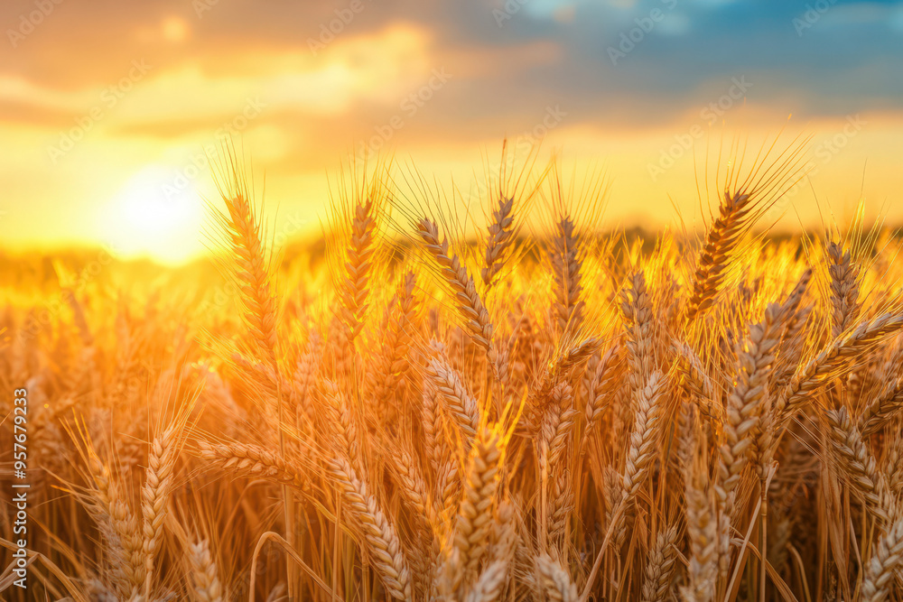 Golden Hour Harvest: A wheat field glows under the warm embrace of a setting sun, promising a bountiful harvest. Golden Hour Harvest: A wheat field glows under the warm embrace of a setting sun, promising a bountiful harvest.