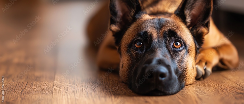 Obraz premium A close-up of a dog resting on a wooden floor, showcasing its expressive eyes and soft fur in warm lighting.