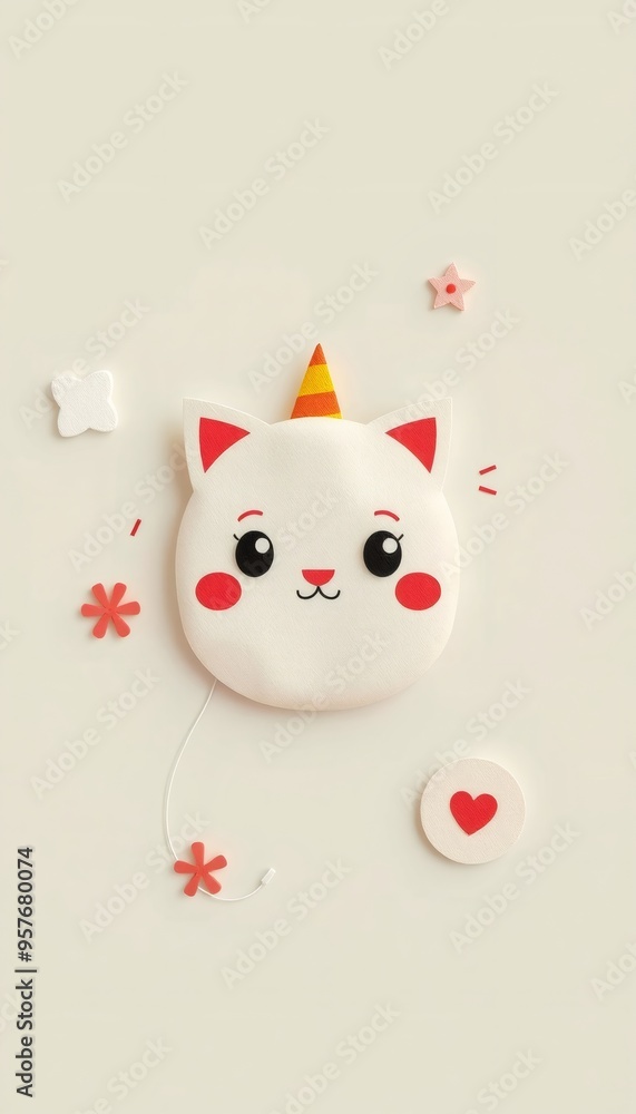Cute cartoon cat with horn and flower decor. Cute cartoon cat with horn and flower decor.