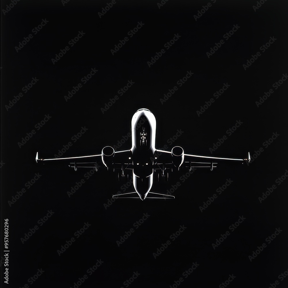 A dramatic silhouette of an airplane against a stark black background, showcasing modern aviation and travel. A dramatic silhouette of an airplane against a stark black background, showcasing modern aviation and travel.