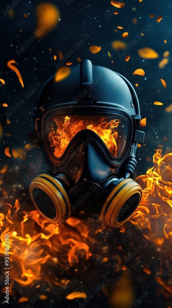 A dramatic image of a gas mask, engulfed in flames, symbolizing protection and danger in hazardous environments. A dramatic image of a gas mask, engulfed in flames, symbolizing protection and danger in hazardous environments.
