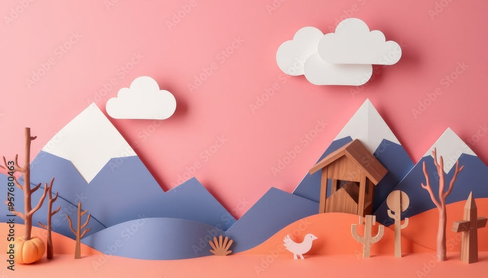 Paper cutout landscape with a wooden house, mountains, a bird, and trees. Paper cutout landscape with a wooden house, mountains, a bird, and trees.