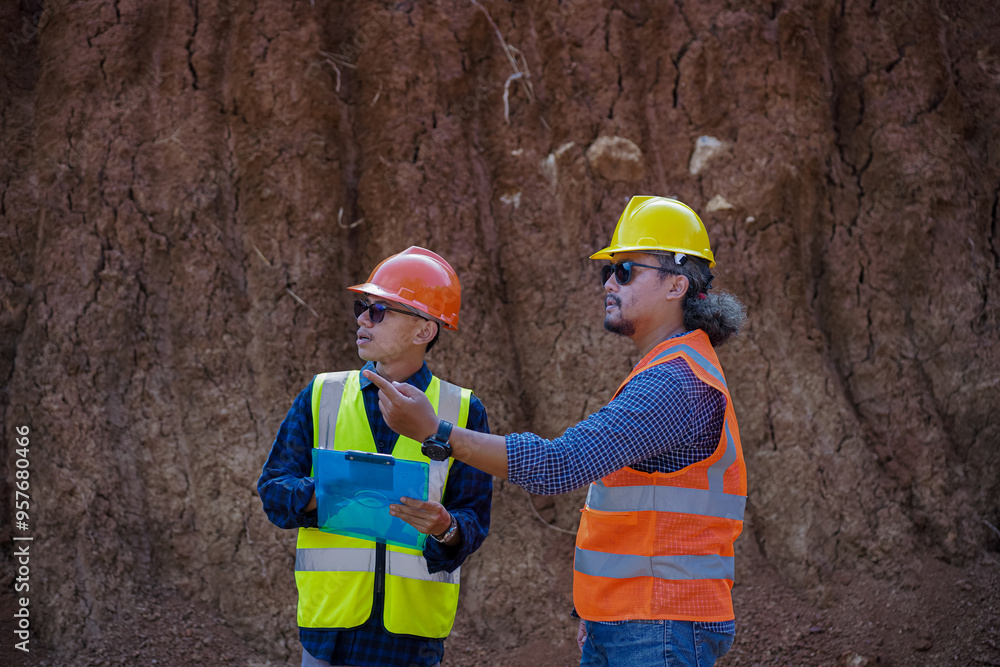 Two young male construction workers are surveying using blueprints in the field Two young male construction workers are surveying using blueprints in the field
