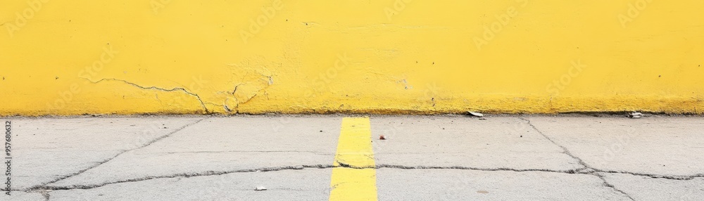 Fototapeta premium A close-up view of a cracked concrete surface against a vibrant yellow wall, showcasing urban textures and colors.