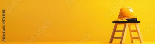 A bright yellow construction helmet rests on a wooden ladder against a vivid yellow background, symbolizing safety and work.