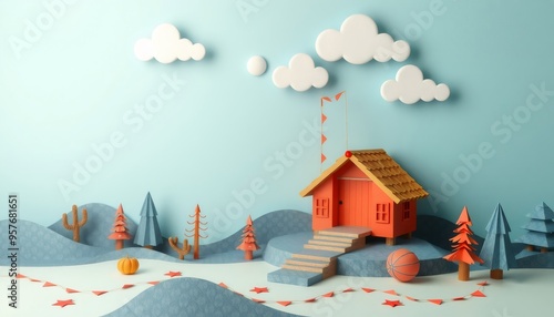 A papercraft scene with a red house, a basketball, trees, and clouds on a blue background. photo