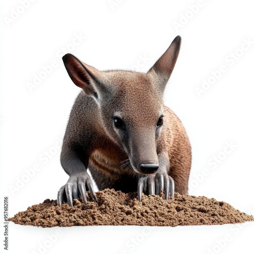 A cute aardvark exploring its surroundings, digging in the sand with its long snout and curious expression. photo