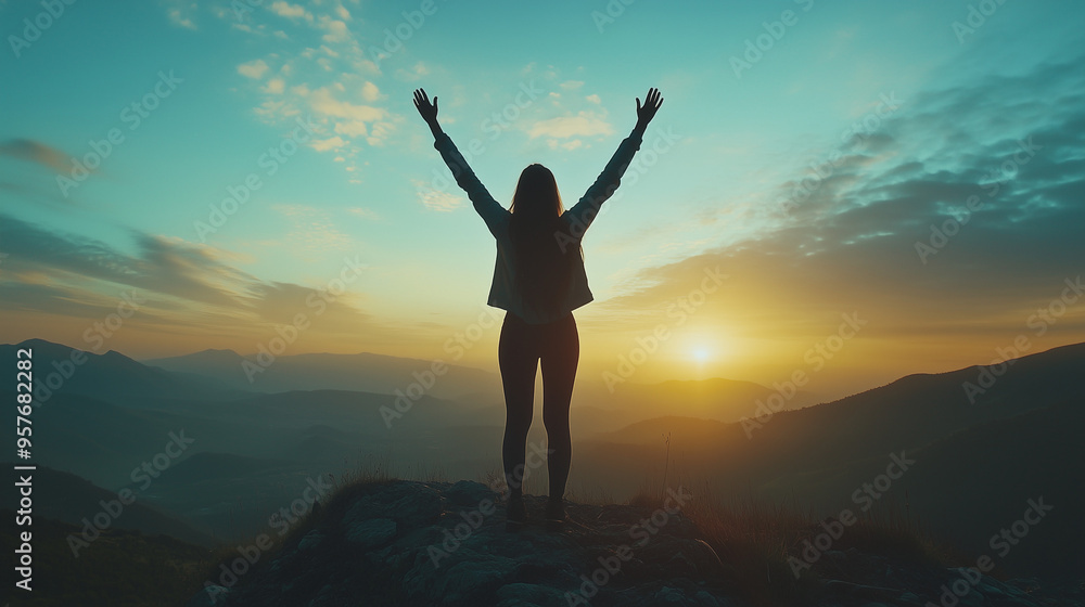 A triumphant silhouette with arms raised stands on a mountain peak, celebrating the sunrise over distant hills, symbolizing achievement and freedom A triumphant silhouette with arms raised stands on a mountain peak, celebrating the sunrise over distant hills, symbolizing achievement and freedom