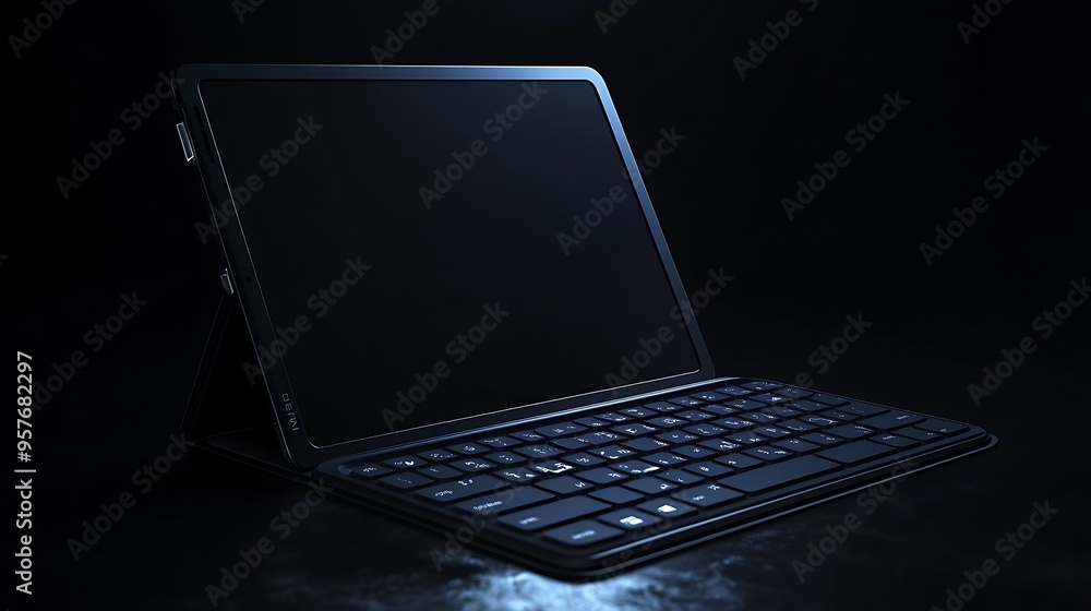 Black Tablet with Attached Keyboard on Dark Background Black Tablet with Attached Keyboard on Dark Background
