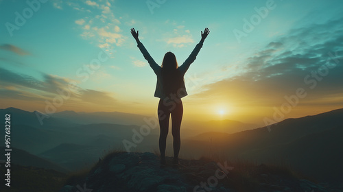 A triumphant silhouette with arms raised stands on a mountain peak, celebrating the sunrise over distant hills, symbolizing achievement and freedom