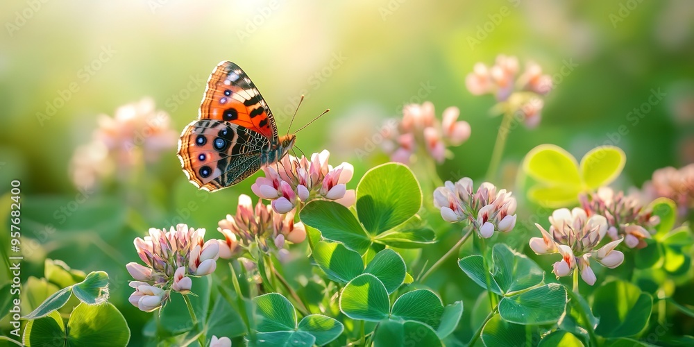 Obraz premium Wild flowers of clover and butterfly in a meadow in nature in the rays of sunlight in summer in the spring close-up of a macro. A picturesque colorful artistic image with a soft focus 